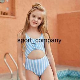 4~13 Years Children Swimsuit One Piece Girl Swimsuit Kid Bathing Suit Beach Wear Hollow Monokini Blue Striped Swimwear