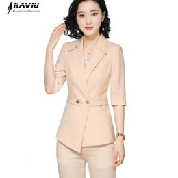 Fashion Women Pants Suit Summer Temperament Half Sleeve Slim Blazer and Trousers Office Ladies Business Work Wear 210604