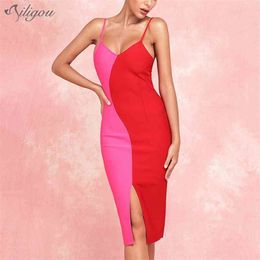Summer Sexy Bandage Dress Vestidos Rose and Red Bodycon Pasta V-neck Celebrity Party 210525