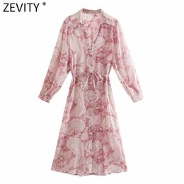 Zevity Women Vintage Paisley Totem Floral Print Bow Sashes Shirt Dress Office Ladies Chic Long Sleeve Casual Slim Vestido DS8222 210603