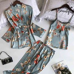 3PCS Women Pajamas Set Lady Emulation Silk Pyjama Sets Flower Sleepwear Female Leopard Satin Homewear With Removable Padded 210831