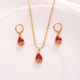 Pendant Necklace Stud Earrings Water Drop Woman 24K Fine Gold CZ Womens Jewellery Red Crystal Set Luxury