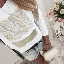 Fashion Sequined Long Sleeve Shirts Women Patchwork T-shirts Glitter Pullovers Loose White Tops 2021 Shining Casual Tees G1121 210306