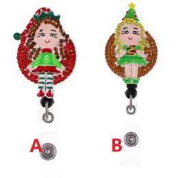 Newest Style Key Rings Christmas Girl Rhinestone Retractable ID Holder For Nurse Name Accessories Badge Reel With Alligator Clip