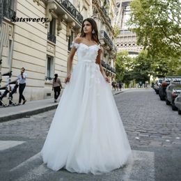 Elegant A-line Wedding Dress Sweetheart Hammer Peals Satin and Tulle Beading Bridal Gown Off The Shoulder Sleeves with Flowers