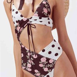 Floral and Black Dot Cutout Swimsuit Sexy Lace Up Women Monokini Girl Beach Bathing Suit Hollow Out Swimwear 210712