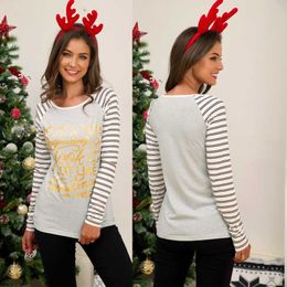 Casual Letter Printed T-shirts Women Christmas Tees Autumn Female O Neck Long Sleeve Stripe Patchwork Slim T-Shirt Tops 210526