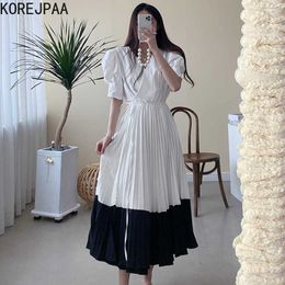 Korejpaa Women Dress Summer Korea Elegant V Neck Drawstring Waist Lantern Sleeve Contrast Colour Stitching Pleated Dresses 210526