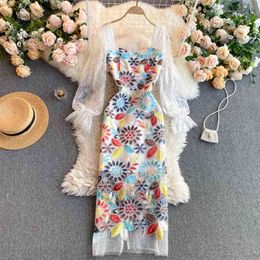 Women Fashion Sweet A-line Dress Square Neck Long Sleeve Mesh Lace Hook Flower Elegant Vintage Vestidos R220 210527