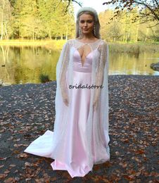 Luxury Pink Evening Dress With Sequin Caped Bling Glitter Prom Dresses Dubai 2022 Floor Length Satin Long Formal Party Skirt Sexy Reception Engagement Robe De Mariée