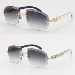 Wholesale Sunglasses for women Luxury T8200762 diamond Cut Carved lens UV400 Unisex Rimless White Inside Black Buffalo Horn Sun glasses Vintage male and female