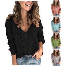Women's Hoodies & Sweatshirts Fashion Women Casual Solid Colour Hollow V-neck Knit Button Down Long Sleeve Top Sexy Lady Blouse Off-shoulder