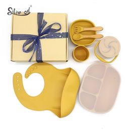 7pcs Set Silicone Baby Feeding Bowl Tableware Waterproof Spoon Non-Slip Food Grade Dishes for Plate 211026