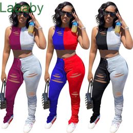 Women Two Piece Shorts Set Fashion Pleated Split Stitching Hole Long Pant Casual Sports Club Designer Sleeveless Tops Jogging Suits 2021