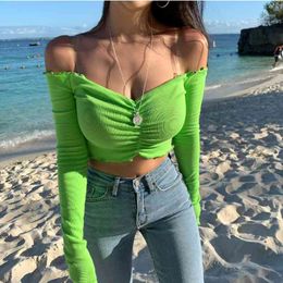 WOMENGAGA Summer Tops Korean Solid Lace Pleated Short T-shirt Tees Green Sexy Top Y2k Kawaii Goth Aesthetic Clothes B8W 210603