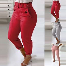 High Waist Pants For Women With Belt Elegant Office Lady Y2K Pant Korean Fashion Solid Color Trousers Women's Clothing 210915