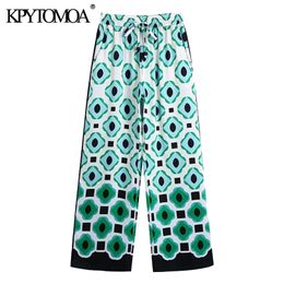 KPYTOMOA Women Chic Fashion Geometric Print Wide Leg Pants Vintage High Waist Drawstring Female Ankle Trousers Mujer 210915
