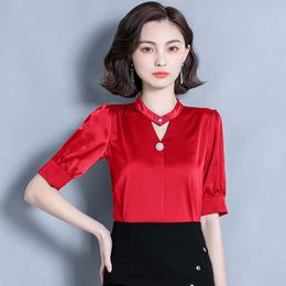 Korean Silk Women Blouses Summer Woman Satin Shirt Elegant Solid OL Tops Plus Size Blusas Mujer De Moda 210531