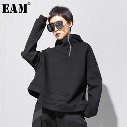 [EAM] Loose Fit Asymmetrical Oversized Sweatshirt Hooded Long Sleeve Women Big Size Fashion Spring Autumn 19A-a527 211104