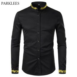 Black Gold Embroidery Shirt Men Spring Mens Dress Shirts Stand Collar Button Up Shirts Chemise Homme Camisa Masculina 210708