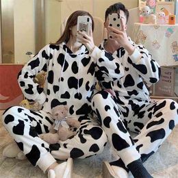 2020 Winter Couples Long Sleeve Thick Warm Flannel Hooded Pajama Sets Women Cute Cartoon Cow Coral Velvet Sleepwear Men Homewear X0526