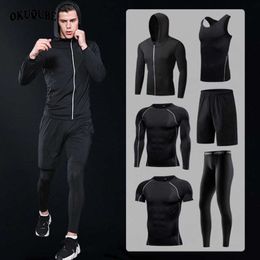 Sportswear Man Compression Sport Suits Hooded Reflective Tracksuits Sports Joggers Training Fitness Gym Clothes Running Set Men 211006