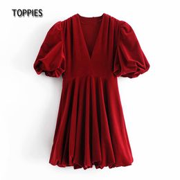 Toppies Fashion Sweet Red Velvet Mini Dress Woman Short Sleeve Sexy Dress Deep V-neck Girls Vestidos Lantern Sleeve Chic Cloth