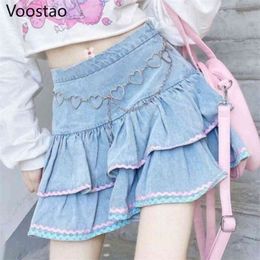 Sweet Lolita Style Mini Skirts Women Harajuku Cute Preppy Jk Denim Japanese Girls Sexy Punk High Waist Tiered 210629