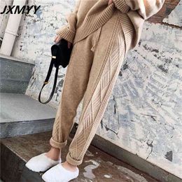 JXMYY Winter Thicken Women Harem Pants Casual Drawstring Twisted Knitted Femme Chic Warm Female Sweater Trousers 210925