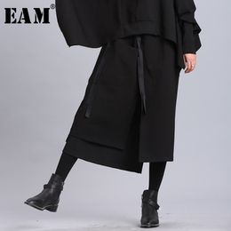 [EAM] 2021 New Spring Summer High Elastic Waist Black Ribbon Split Joint Loose Half-body Skirt Women Fashion Tide JL2330 210309