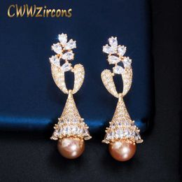 Elegant Yellow Gold Filled Long Pearl Drop Earrings for Women Trendy Cubic Zirconia Bridal Wedding Jewellery Gift CZ802 210714