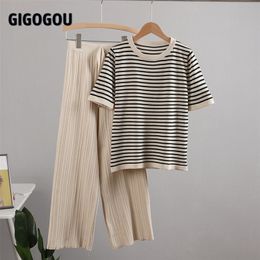 GIGOGOU O Neck Striped Knitted Womens Two Pieces Set Short Sleeve T Shirt Top + High Waist Straight Drape Pants Tracksuits 210709