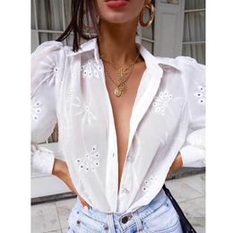 BOHO INSPIRED cotton BLOUSE white long sleeve shirts perforated pattern women tops spring summer top casual beach cover up 21302