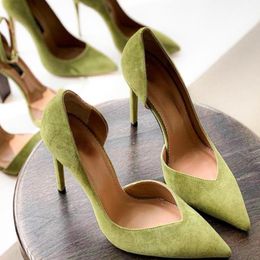 Dress Shoes Fall Pointed Toe Low-Cut Women's Elegant Side Empty Mid Heel Suede Green High Heels