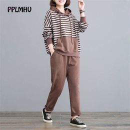 Spring Casual Loose Striped Hooded Sweatshirt And Harem Pants Tracksuit Plus Size 4XL Korean 2 Piece Sets Sweatsuit Women Outfit 211106