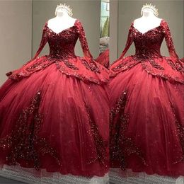 2022 Sexy Luxury Dark Red Burgundy Quinceanera Dresses Lace Appliques Long Sleeves Crystal Beads Sweetheart Lace Up Back Ball Gown Party Prom Evening Gowns