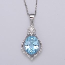 -S925 Sterling Silver Topaz Pingente, Céu natural em forma de diamante Blue Topoz Colar, uma bela pedra auspiciosa, simbolizando a beleza do amor