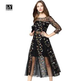 Ly Varey Lin Spring Women Tulle Lace Dress Sexy Hollow Out Embroidery Plus Size 4xl O Neck Elegant Floral 210526