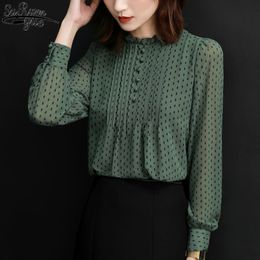 Women Spring Autumn Style Plus Size 4XL Chiffon Blouse Long Sleeve Office Blouse Polka Dot Printed Loose Shirt Feminine 210226