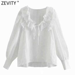 Zevity Spring Women Cascading Ruffles V Neck White Smock Blouse Female Lace up Casual Sweet Shirts Chic Blusas Tops LS7511 210603