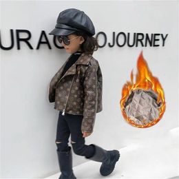Autumn&Winter Leather Jacket Baby Girl&Boy Kids Coat Cool Brown Clothing Faux Letter Thick 211204