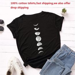 Summer Plus Size S-5XL Women Shirt Moon Print T Women's T- 100% Cotton O Neck Short SleeveTees Casual Black Tops 210623