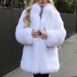 Lanxirui Autumn Winter Women's Fashion Faux Fur Coat Coats Furry Faux Fur Coat Fake Fox Fur Furry Coat Jacket Female Clothes Y0829