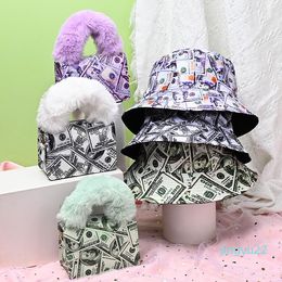 Waist Bags 2021 Fashion Trendy Summer Dollar Printed Fisherman Bucket Hats With Fluffy Handbags Party Crossbybag For Woman Long Chain
