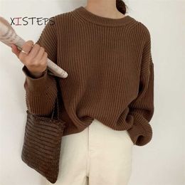 Oversized Loose Women Knitted Sweaters O-neck Long Sleeve Pullovers Vintage Ladies Jumpers Rose Green Knitwear Femme Pull 211103