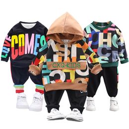 autumn cartoon color letters printing kids suit tops+ trousers hot sale boys and girls clothes 210309