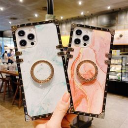 Luxury Bling Gold Foil Marble Phone Cases For iPhone 13 12 11 Pro Max XSMax X XR 7 8 6 6s Plus Shockproof Square Ring Holder Back Cover