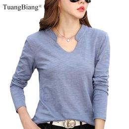 Long Sleeve Women V-Neck Bamboo Cotton T-shirt Elegant Loose Fashion Brand Tee shirt Ladies Autumn winter Stand Collar Tops 211110