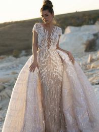 Gorgeous Full Sequins Mermaid Wedding Dresses Bridal Gowns With Detachable Overskirts Lace Appliqued Vestidos De Novia Plus Size