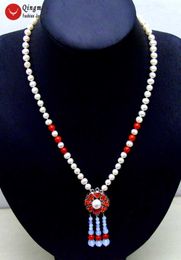 -Qingmos Trendy Natural Blanco Pearl Borla Colgante Colgante Collar para Mujeres con Opal Coral Rojo 20 "Collar largo Joyería fina 6088